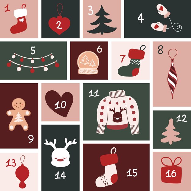 Calendario de Adviento para 16 días con elementos navideños 16 regalos con números para el calendario del Adviento
