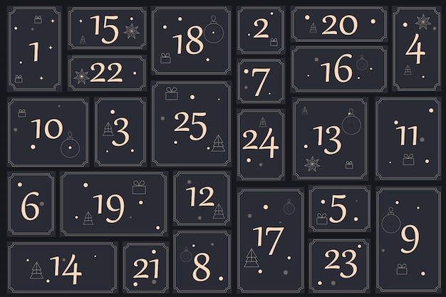 Vector calendario de adviento con 25 celdas en color oro negro con elementos gráficos