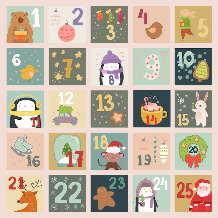 Vector calendario de adviento con bellas y encantadoras ilustraciones