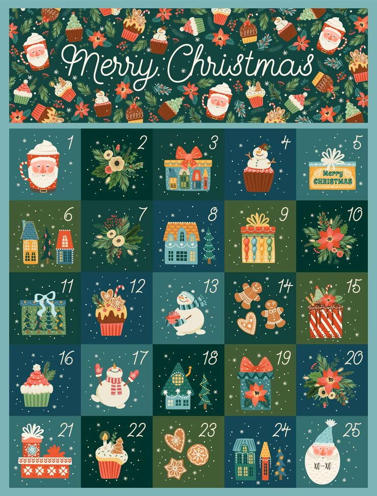 Vector calendario de adviento de diciembre lindas ilustraciones navideñas con símbolos de año nuevo diseño vectorial