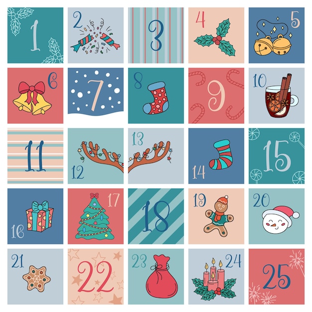 Calendario de adviento Elementos divertidos del doodle de Navidad Números de Navidad del 1 al 25 cuenta regresiva Calendario de 25 días