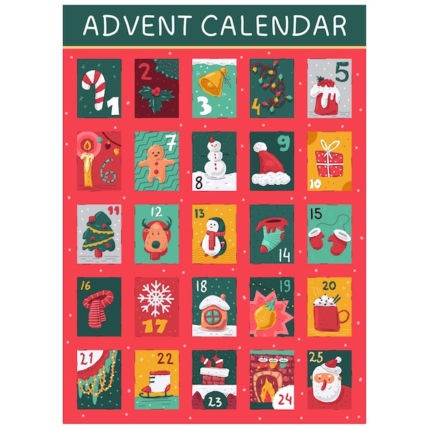 Calendario de adviento con elementos de navidad ilustración de dibujos animados