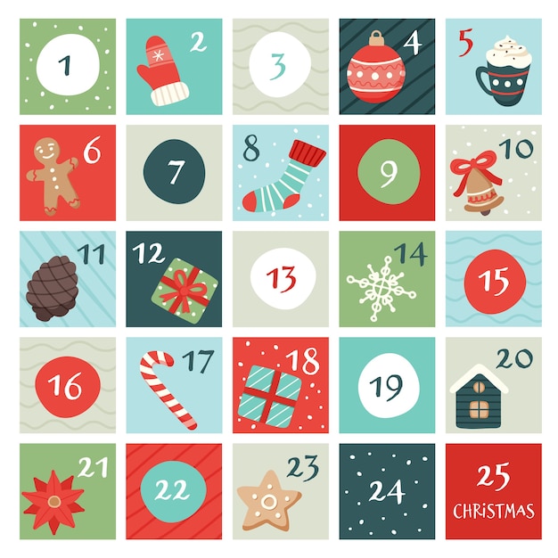Calendario de Adviento con elementos navideños.