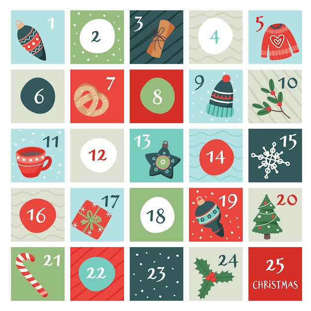 Vector calendario de adviento con elementos navideños.