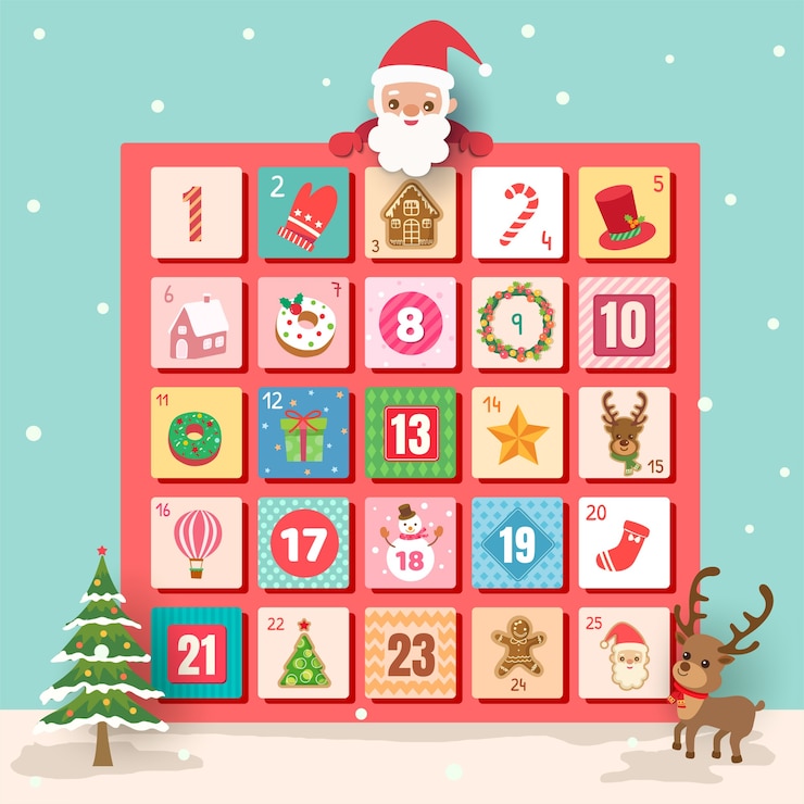 Vector calendario de adviento fondo de navidad con santa claus