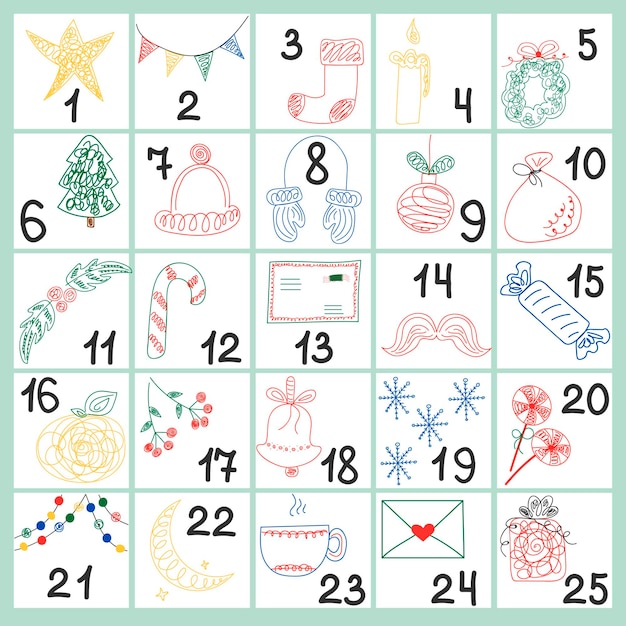 Calendario de adviento de invierno Números de Navidad Plantillas vectoriales para carteles de celebración