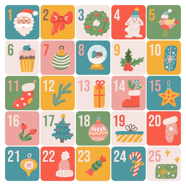 Calendario de Adviento de Navidad en cartel de vector festivo de estilo plano dibujado a mano