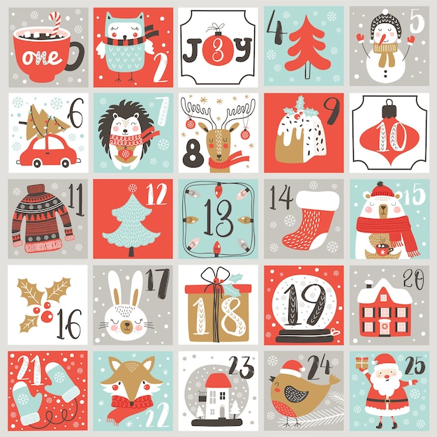 Vector calendario de adviento de navidad con elementos dibujados a mano. cartel de navidad.