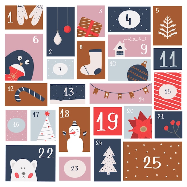 Calendario de adviento de navidad. impresión para envasado de dulces, revista infantil, pegatinas, afiche. expectativa de las vacaciones de invierno católicas. ilustración vectorial, plana