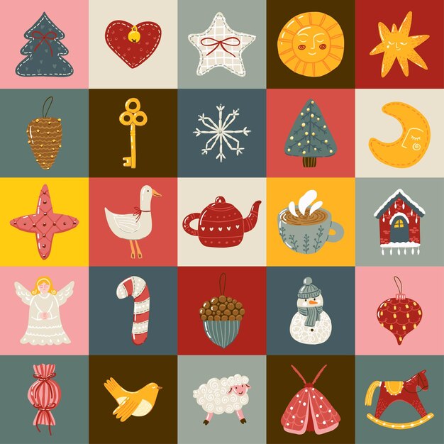Calendario de Adviento de Navidad en un lindo estilo plano con ilustración vectorial dibujada a mano
