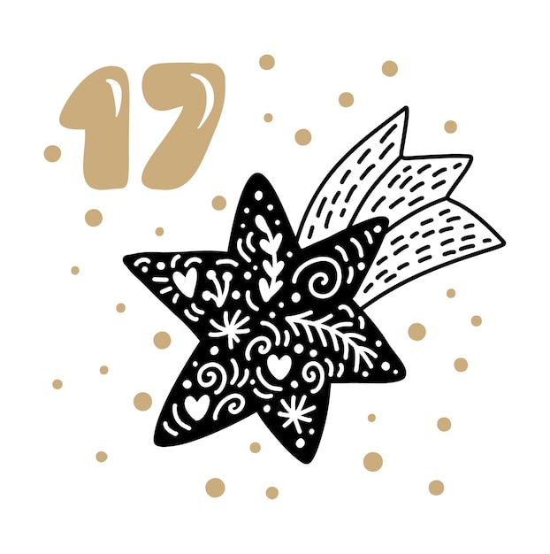 Vector calendario de adviento de navidad con lindo vector dibujado a mano escandinavo. ilustración de invierno de estrella nórdica.