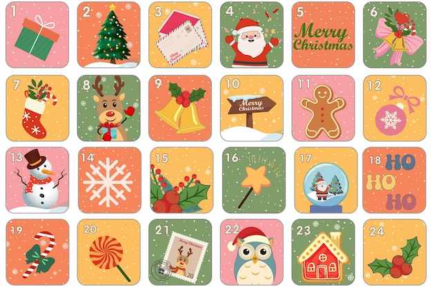 Calendario de adviento de Navidad sorpresa Cuenta regresiva elementos de estilo de dibujos animados retro Vector