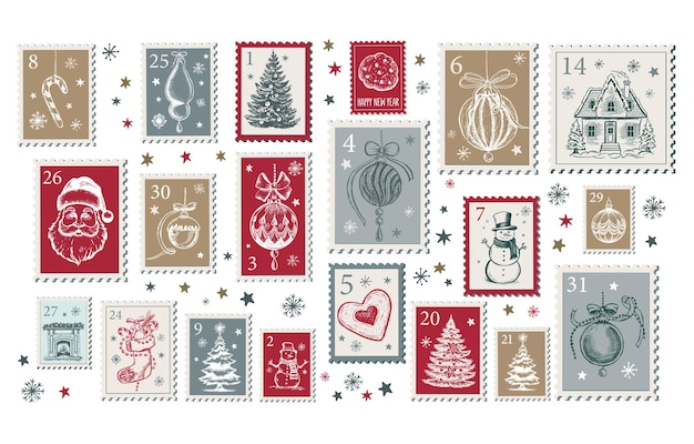 Calendario de Adviento Navidad Timbres de correo tarjeta postal ilustraciones dibujadas a mano