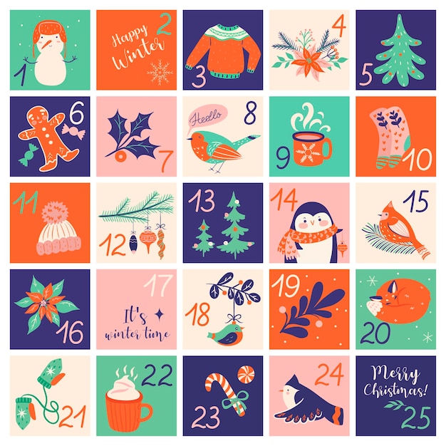 Calendario de adviento navideño con elementos dibujados a mano