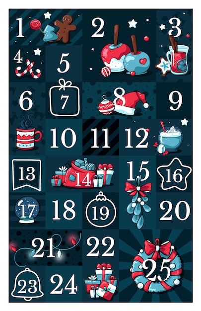 Vector calendario de adviento navideño, con lindas ilustraciones de doodle.