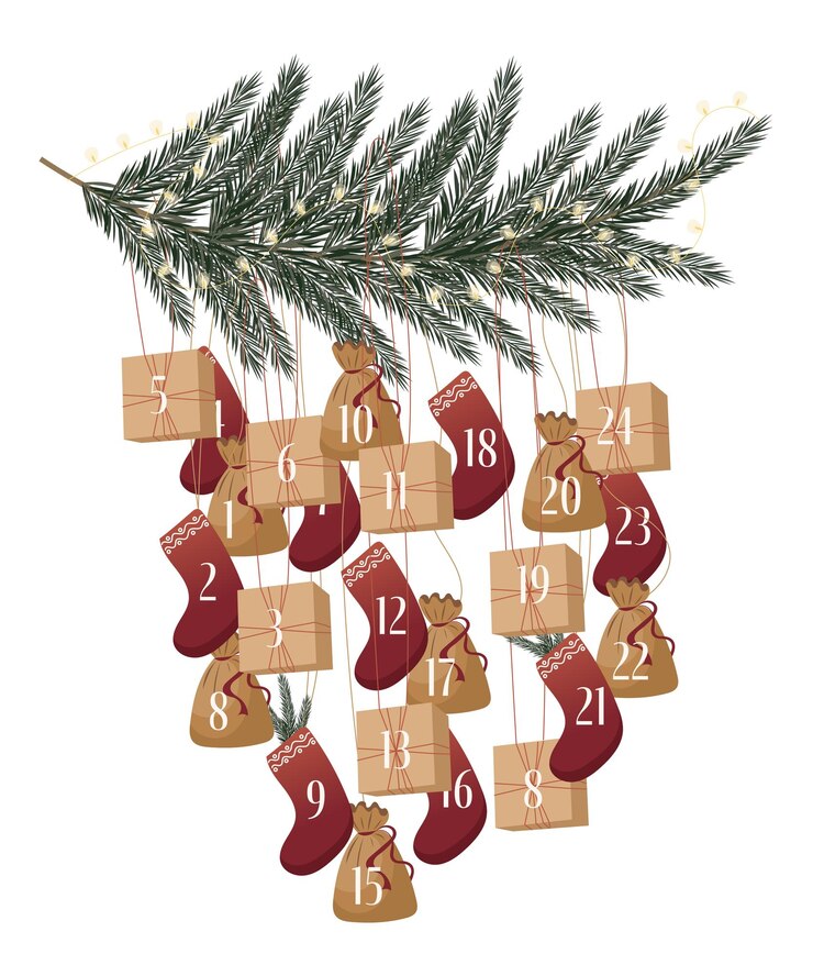 Vector calendario de adviento. regalos de navidad en papel kraft y coronas, con números en el árbol. regalo rústico.