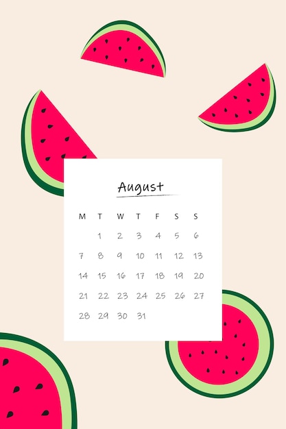 Calendario de agosto de 2023. Calendario jugoso de verano. Calendario con estampado de sandía y fuente elegante.