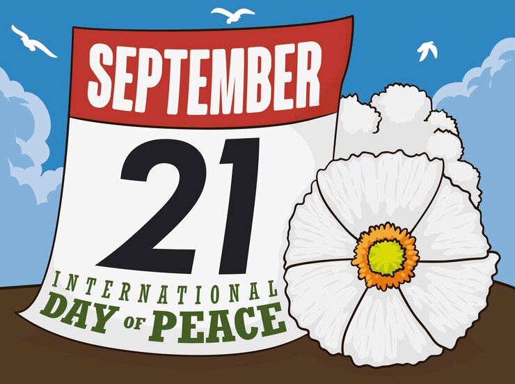 Vector calendario con amapola blanca y vista de un día pacífico con algunas palomas para el día internacional de la paz