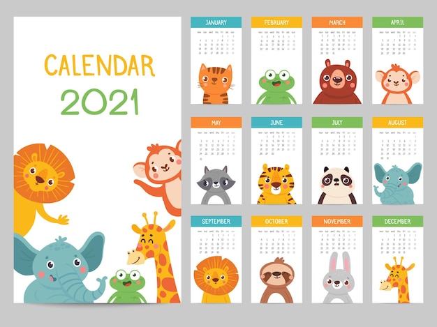 Calendario de animales 2021. lindo calendario mensual con diferentes animales, divertidos personajes de bosques y sabanas, almanaque de vector de carteles para niños. león y elefante, mono y jirafa, rana y mapache