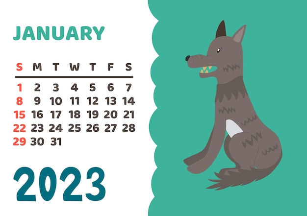 Calendario de animales 2023 lindo calendario mensual con diferentes animales divertidos personajes del bosque y la sabana cartel infantil vector almanaque enero lobo