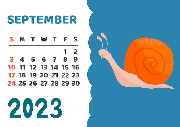 Calendario de animales 2023 Lindo calendario mensual con diferentes animales divertidos personajes del bosque y la sabana cartel infantil vector almanaque septiembre caracol
