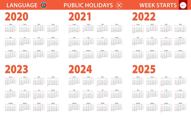 Calendario del año 2020-2025 en idioma azerí, la semana comienza en domingo.