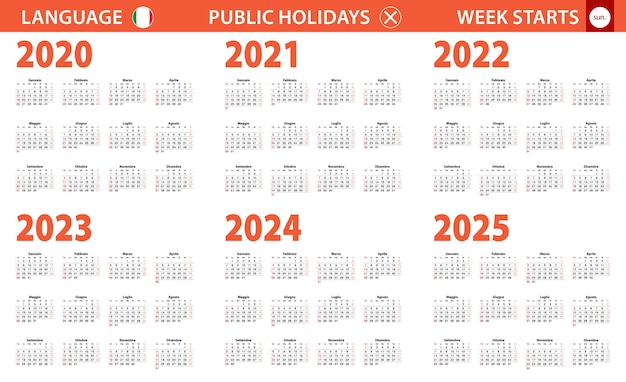 Calendario del año 2020-2025 en idioma italiano, la semana comienza en domingo.