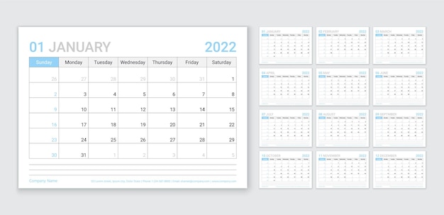 Calendario para el año 2022. plantilla de planificador. la semana comienza el domingo. organizador de calendario mensual