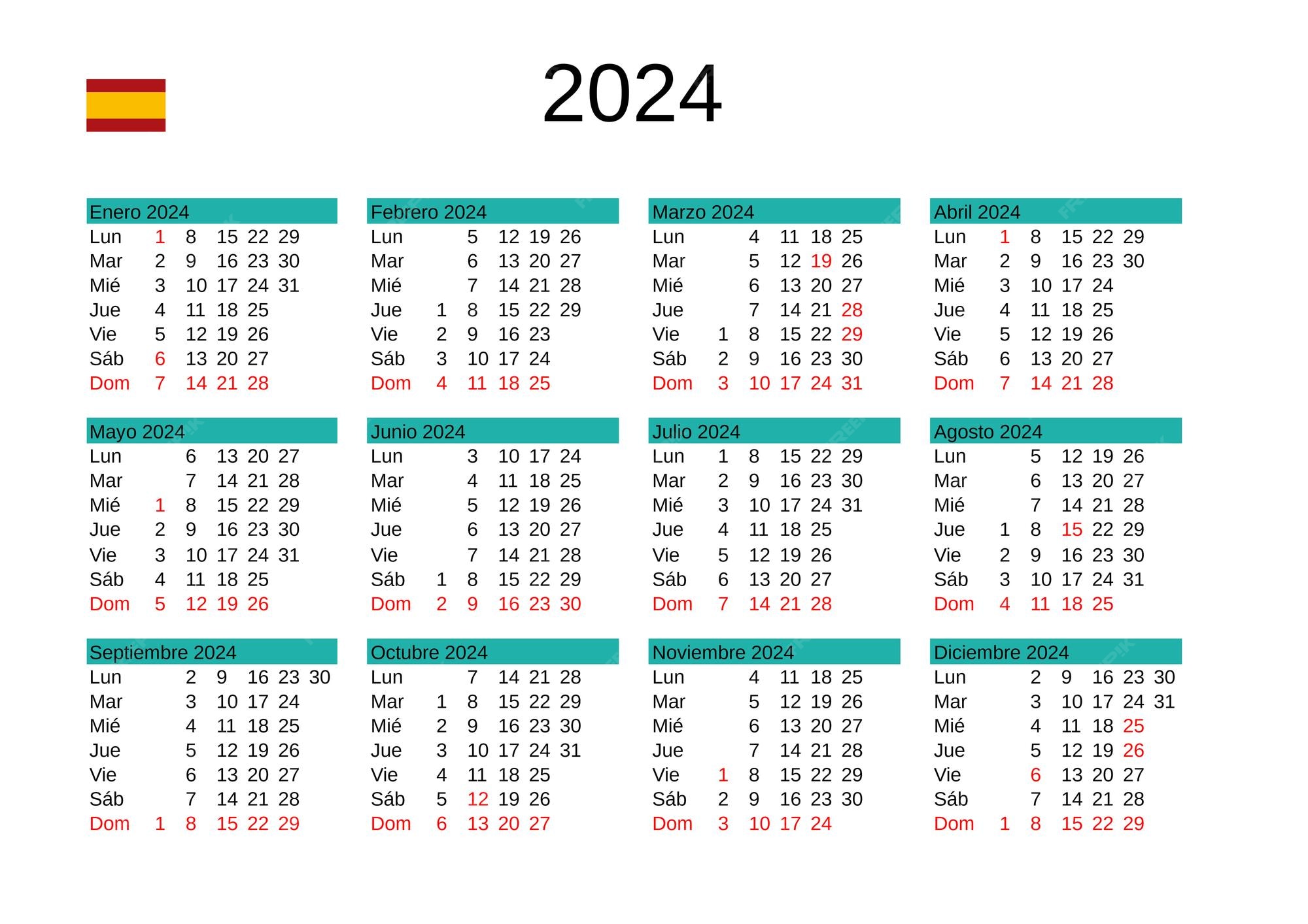 Calendario del año 2024 en español con festivos en españa Vector Premium