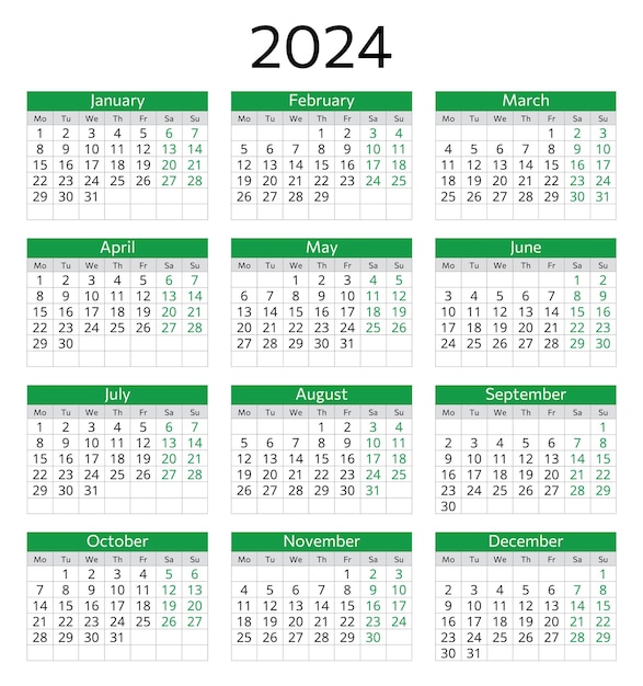 Calendario del año 2024 Ilustración vectorial imprimible