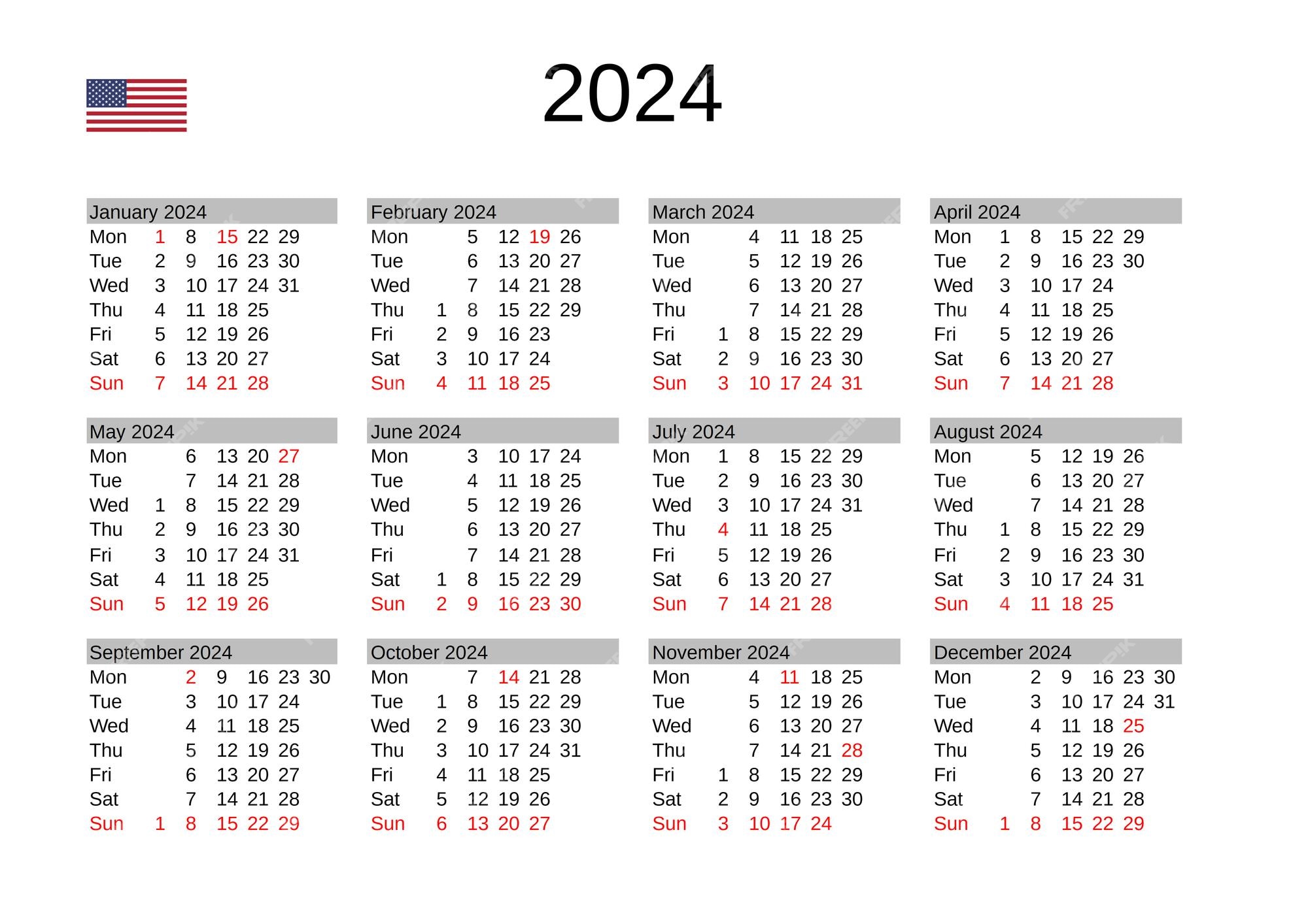 Calendario del año 2024 en inglés con días festivos de estados unidos