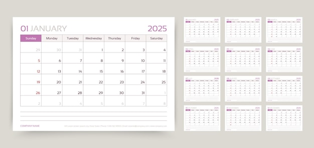 Calendario año 2025 plantilla de calendario planificador de escritorio mensual organizador anual diseño de horario