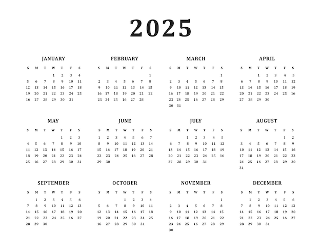 Calendario del año 2025 sobre fondo blanco Todos los 12 meses Vector de plantilla de impresión del planificador de eventos