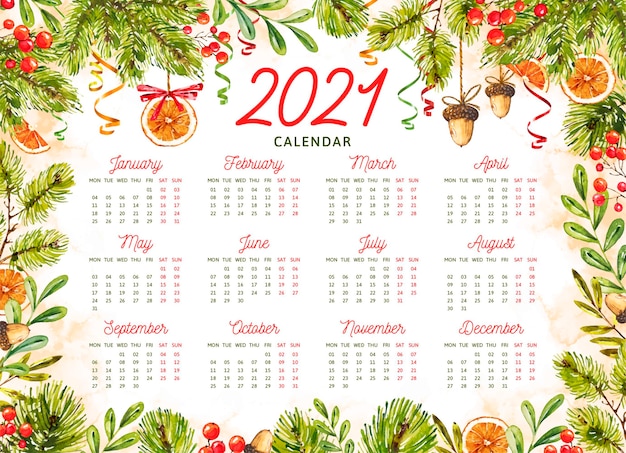 Calendario de año nuevo 2021 en acuarela