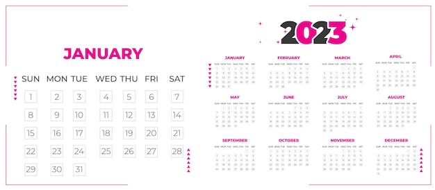 Calendario de año nuevo 2023. inglés 2023 calendario de año nuevo.