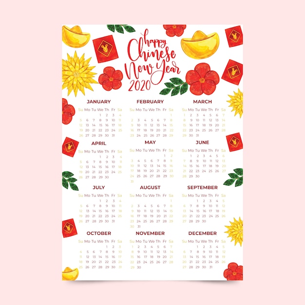 Calendario de año nuevo chino acuarela con flores