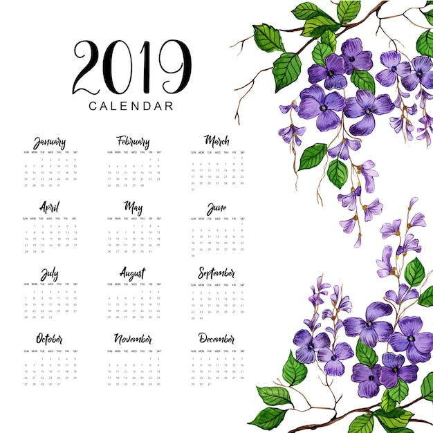 Calendario Anual 2019 Con Acuarela Floral