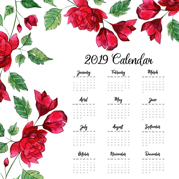 Calendario anual 2019 con acuarela floral