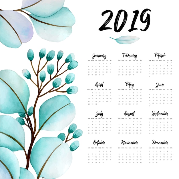 Vector calendario anual 2019 con acuarela floral