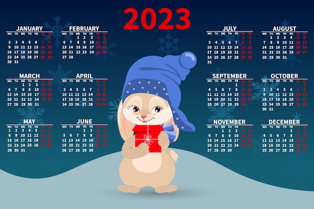 Calendario anual 2023 con un lindo conejito con un regalo en el fondo de un paisaje nevado.