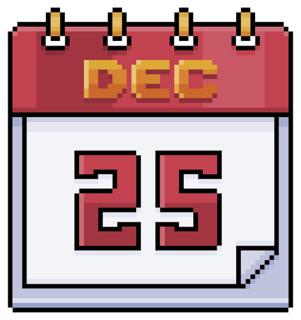 Calendario de arte de píxeles con fecha del 25 de diciembre icono de vector de día de Navidad para juego de 8 bits sobre fondo blanco