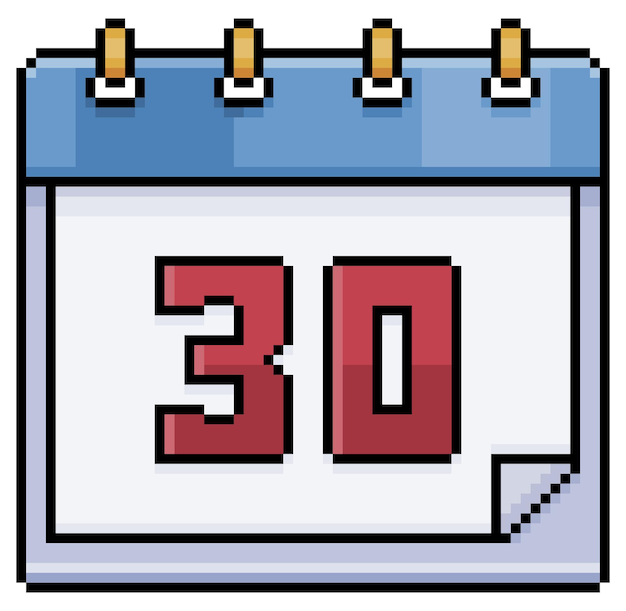 Calendario de arte de píxeles con fecha 30 día 30 día festivo 30 icono vectorial para fondo blanco de juego de 8 bits