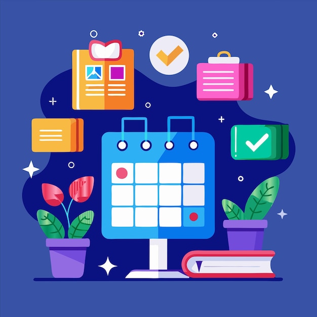 un calendario azul con una imagen de un calendario con una foto de un cuaderno y una flor
