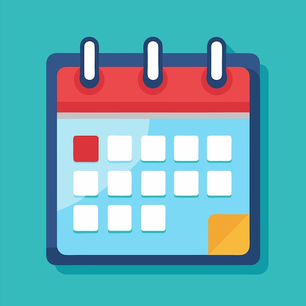 un calendario azul y rojo con un cuadrado amarillo en el lado
