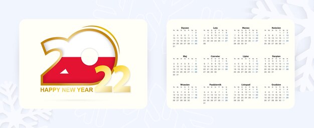 Calendario de bolsillo horizontal 2022 en idioma polaco. icono de año nuevo 2022 con bandera de polonia.