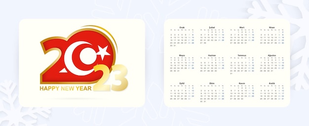 Calendario de bolsillo horizontal 2023 en idioma turco icono de año nuevo 2023 con bandera de turquía