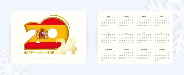 Calendario de bolsillo horizontal 2024 en idioma español Icono de Año Nuevo 2024 con bandera de España