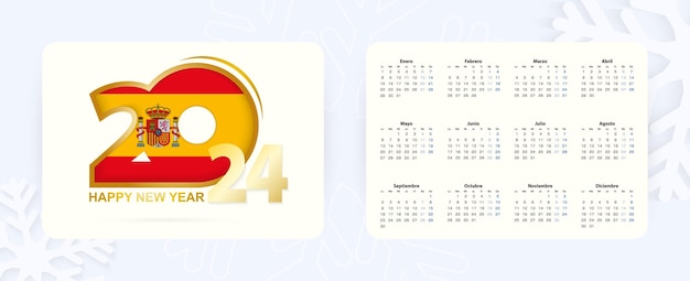 Calendario de bolsillo horizontal 2024 en idioma español icono de año nuevo 2024 con bandera de españa