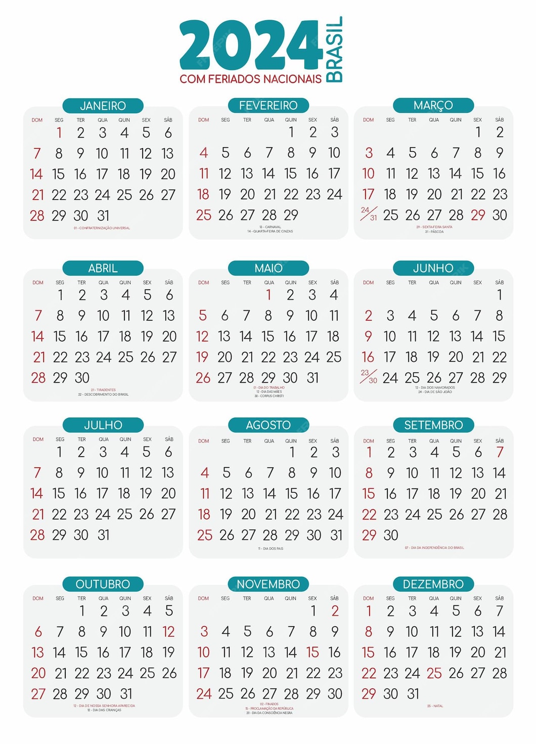 Calendario brasil 2024 festivos nacionales calendario fechas