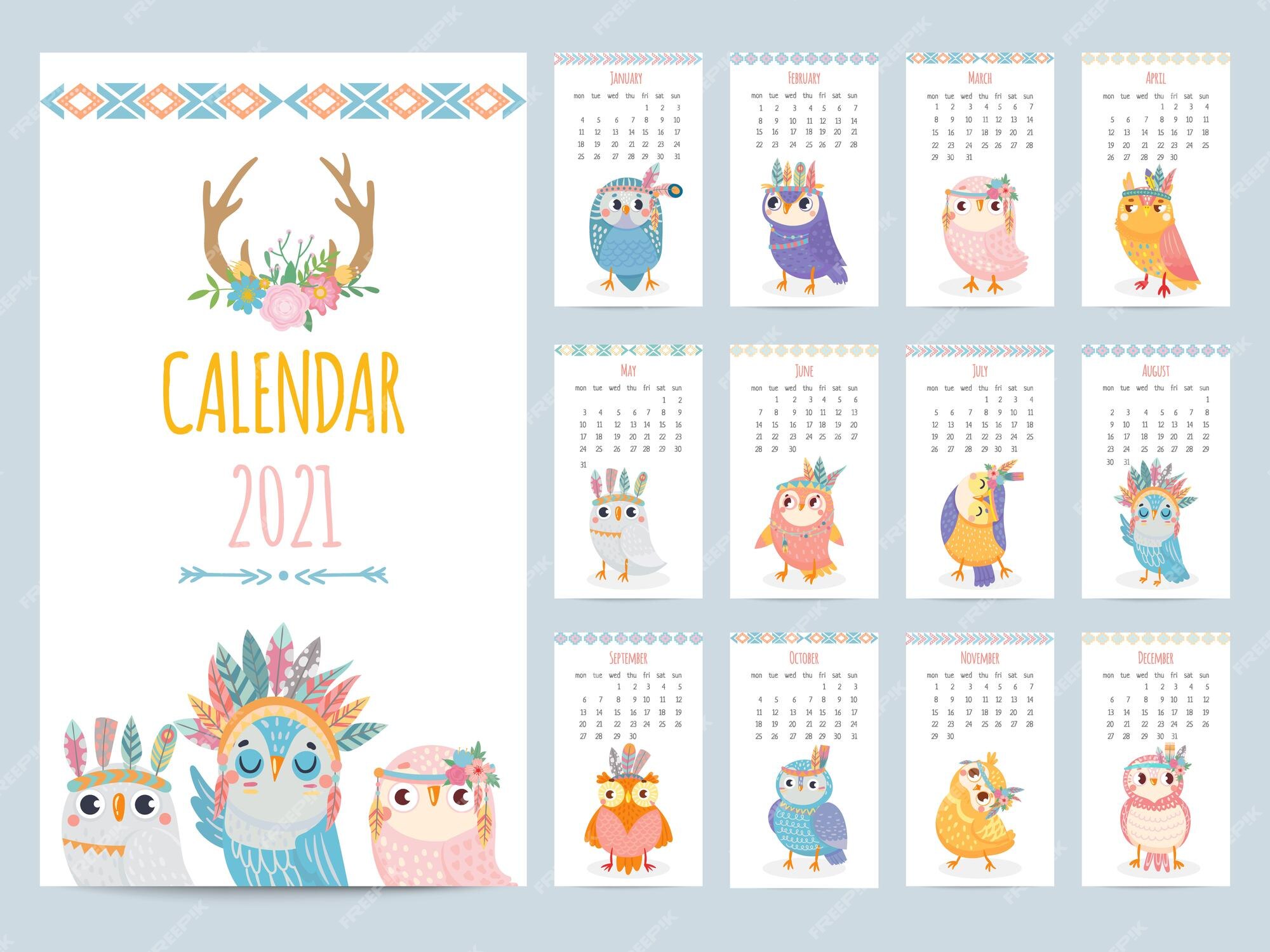 Calendario de búho. regalo color calendario 2021, mochuelo étnico con  plumas tribales. ilustración de vector de dibujos animados de personajes de  pájaros lindos búhos de navidad. adorables animales coloridos para cada mes.  |